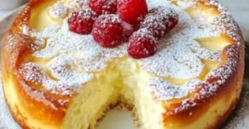 Gâteau moelleux et doré aux 3 yaourts, tranché, montrant une texture fondante, décoré de sucre glace et accompagné de fruits frais.