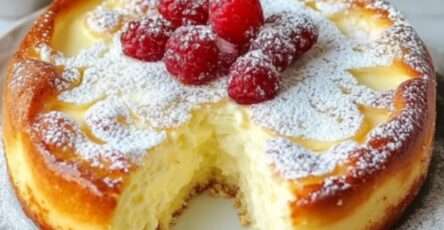Gâteau moelleux et doré aux 3 yaourts, tranché, montrant une texture fondante, décoré de sucre glace et accompagné de fruits frais.