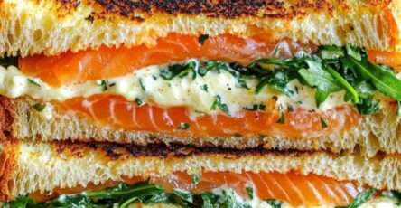 Croque doré au saumon fumé et roquette, coupé en deux, servi sur assiette avec salade verte et rondelles de citron.
