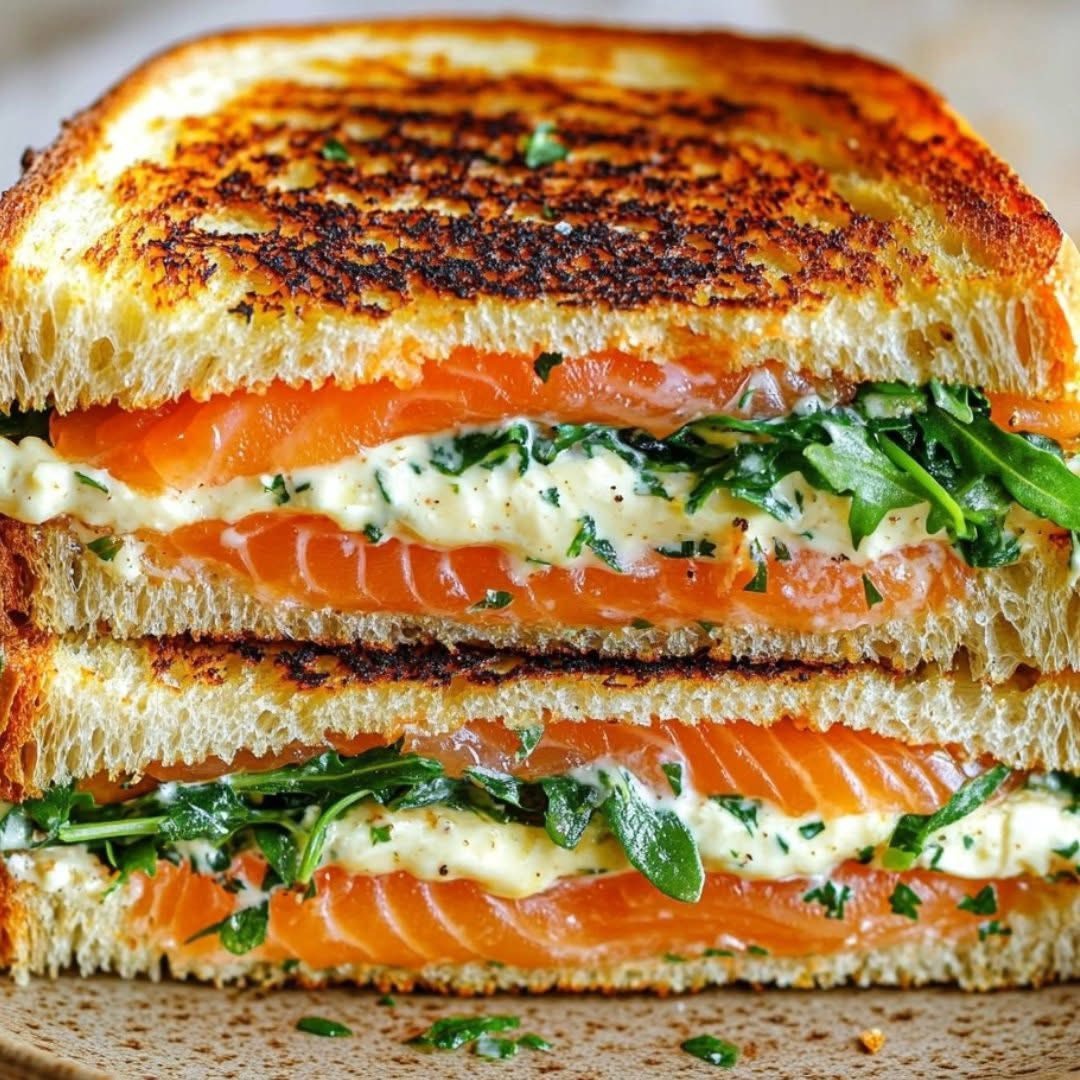 Croque doré au saumon fumé et roquette, coupé en deux, servi sur assiette avec salade verte et rondelles de citron.