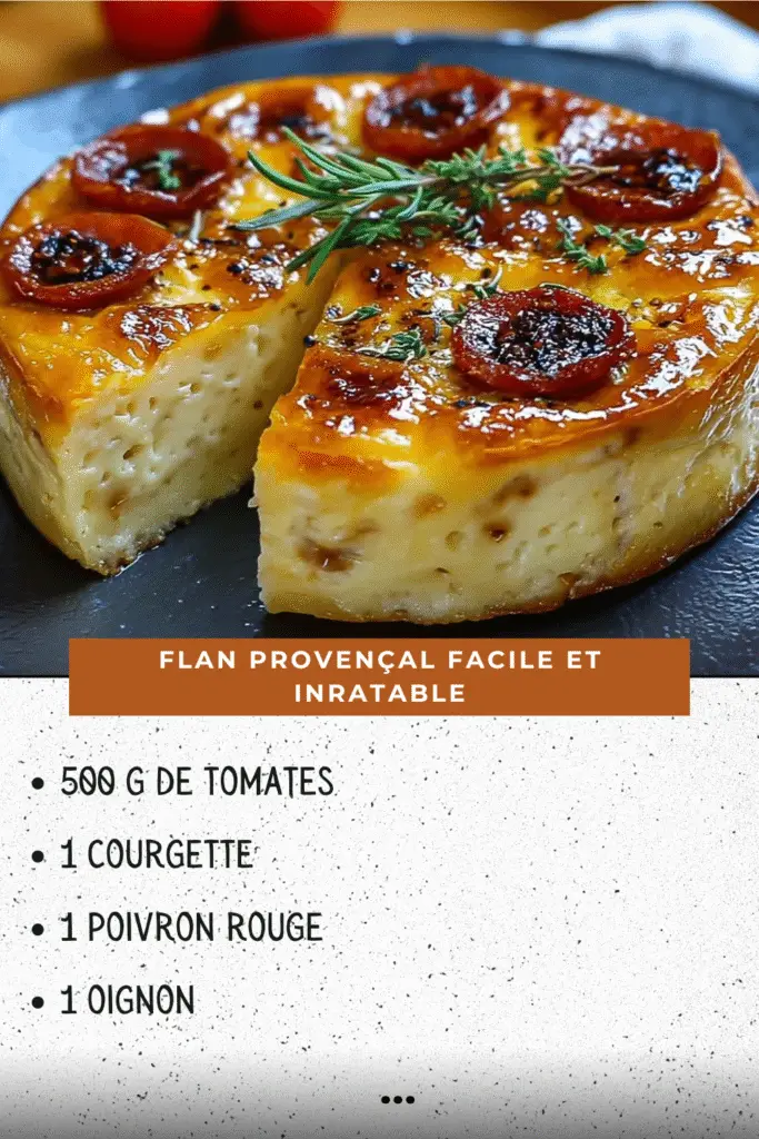 Flan provençal doré et moelleux aux légumes méditerranéens, servi dans un plat en céramique avec une garniture de fromage gratiné et d’herbes de Provence.