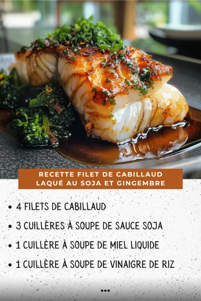 Filets de cabillaud laqués au soja et gingembre, parsemés de graines de sésame et d’oignons verts, servis avec du riz blanc et des quartiers de citron vert.
