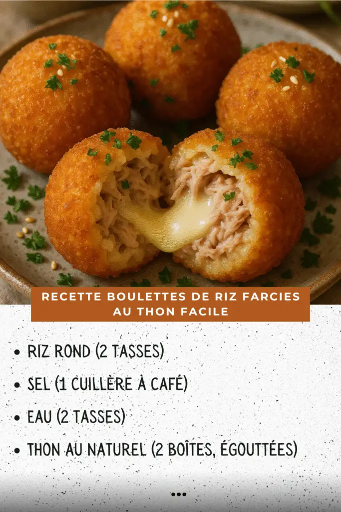 Boulettes de riz dorées farcies au thon et à la mozzarella, servies chaudes et croustillantes sur un plat, accompagnées d’herbes fraîches.