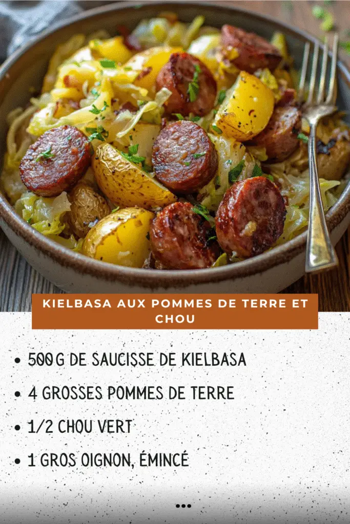 Poêlée de saucisse kielbasa fumée, pommes de terre fondantes et chou doré, servie chaude dans un grand plat familial, garnie de persil frais.