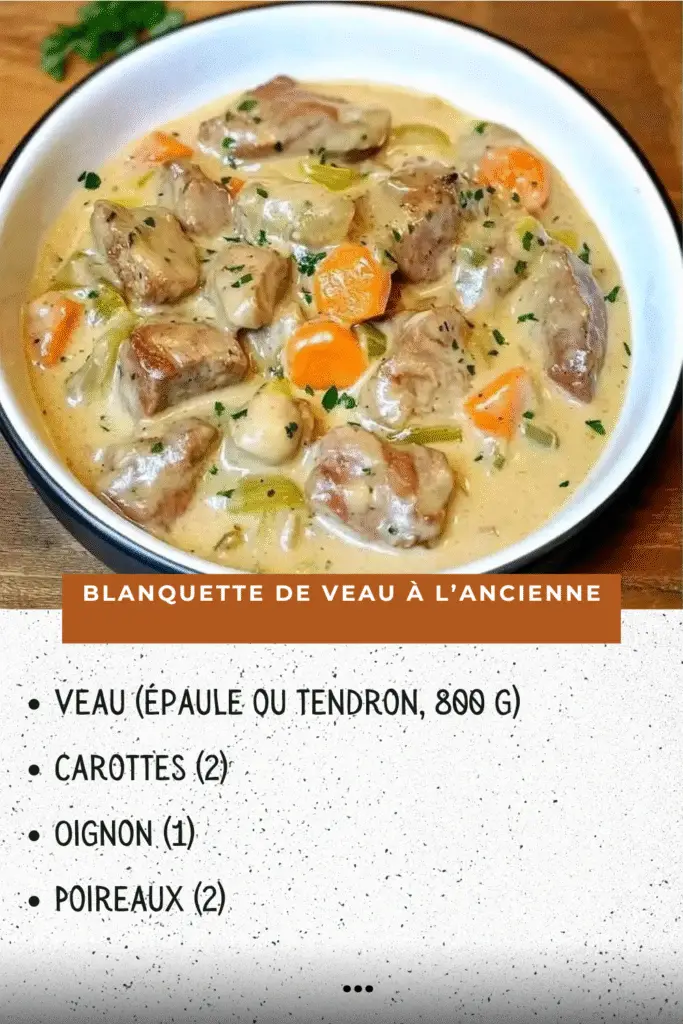 Blanquette de veau à l’ancienne servie dans une cocotte, viande fondante, légumes colorés et sauce blanche onctueuse, parsemée de persil frais.