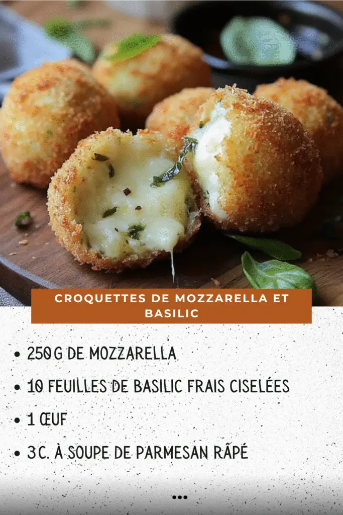 Croquettes de mozzarella dorées et croustillantes, coupées en deux, montrant leur cœur fondant, servies avec sauce tomate et feuilles de basilic frais.