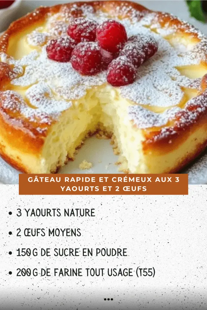 Gâteau moelleux et doré aux 3 yaourts, tranché, montrant une texture fondante, décoré de sucre glace et accompagné de fruits frais.