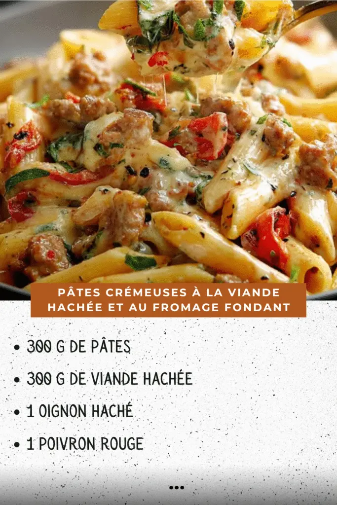 Assiette de pâtes penne nappées de sauce crémeuse à la viande hachée, gratinées au fromage fondant, décorées de basilic frais.