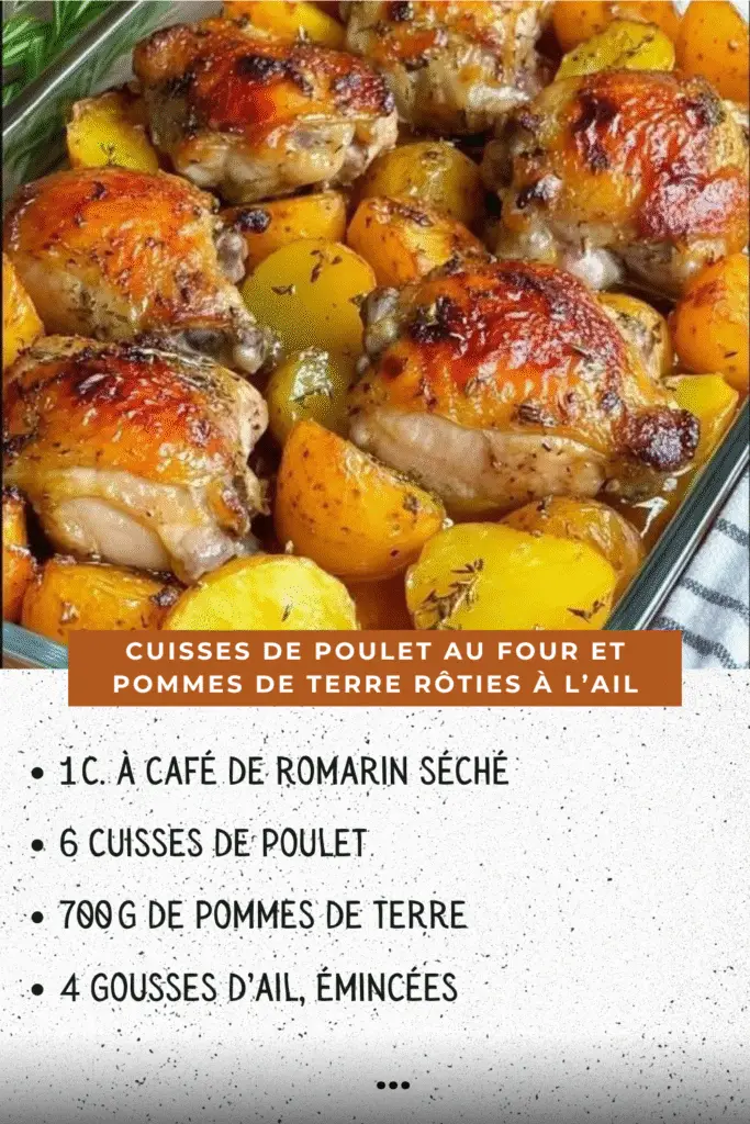 Cuisses de poulet dorées au four, servies sur lit de pommes de terre rôties, décorées de persil frais et quartiers de citron.