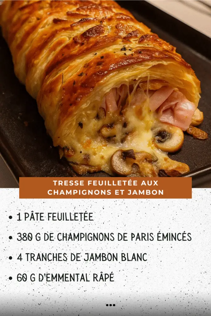 Tresse feuilletée dorée, tranchée, dévoilant une garniture crémeuse aux champignons et jambon, parsemée de graines et servie avec une salade verte.