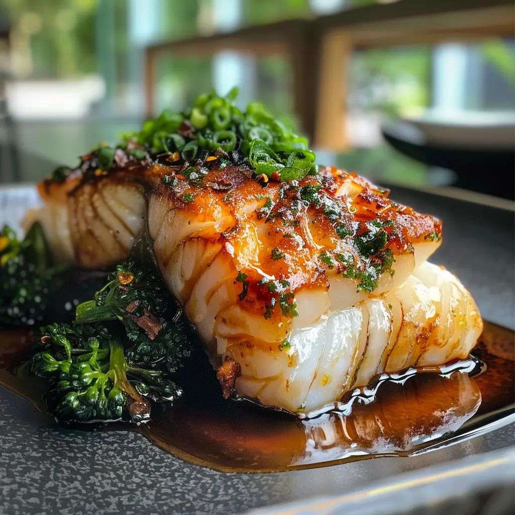 Filets de cabillaud laqués au soja et gingembre, parsemés de graines de sésame et d’oignons verts, servis avec du riz blanc et des quartiers de citron vert.