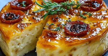 Flan provençal doré et moelleux aux légumes méditerranéens, servi dans un plat en céramique avec une garniture de fromage gratiné et d’herbes de Provence.