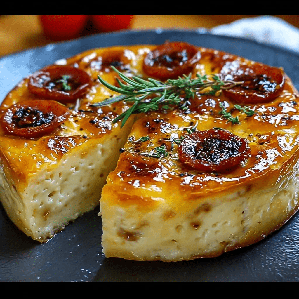 Flan provençal doré et moelleux aux légumes méditerranéens, servi dans un plat en céramique avec une garniture de fromage gratiné et d’herbes de Provence.