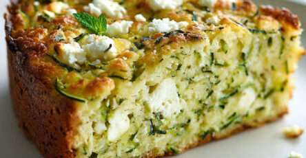 Part de gâteau moelleux courgette feta menthe, coupée et posée sur une assiette.
