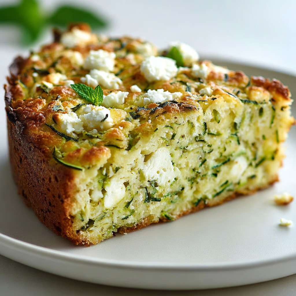 Part de gâteau moelleux courgette feta menthe, coupée et posée sur une assiette.