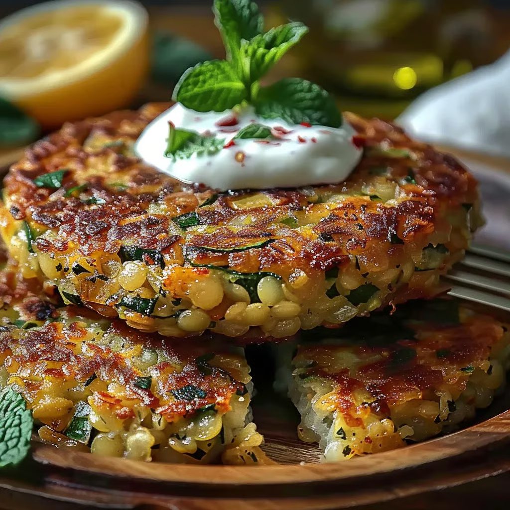 Galettes de lentilles et courgettes maison avec sauce yaourt à la menthe fraîche