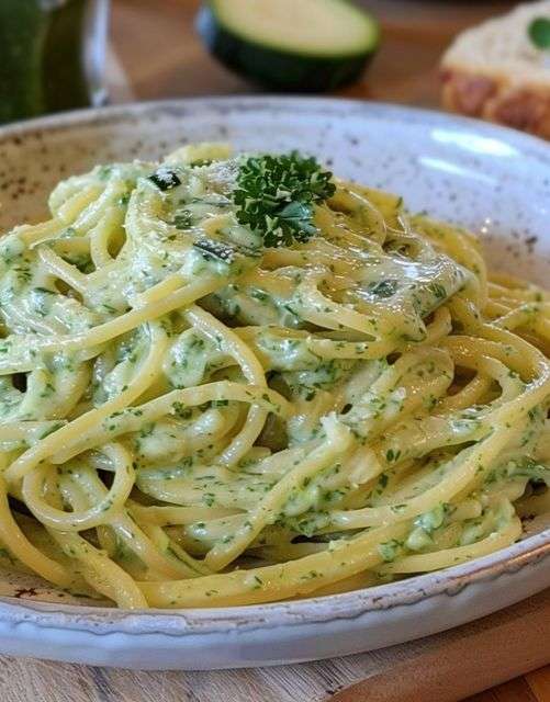 Assiette de spaghetti à la crème de courgette garnis de basilic et parmesan râpé