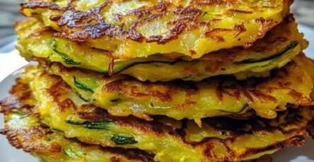 Assiette de röstis de courgettes croustillants servis chauds avec une sauce au yaourt et persil frais