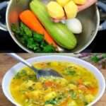 Bol de soupe de légumes fumante, garnie de persil frais et accompagnée de pain croustillant.