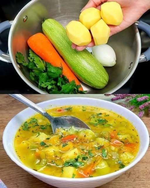 Bol de soupe de légumes fumante, garnie de persil frais et accompagnée de pain croustillant.