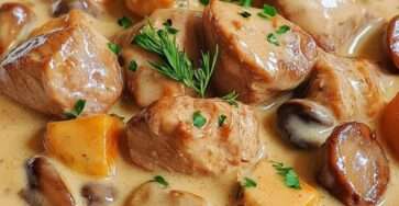 Blanquette de veau traditionnelle servie dans une cocotte, avec sauce crémeuse, carottes et champignons, décorée de persil et d’aneth.