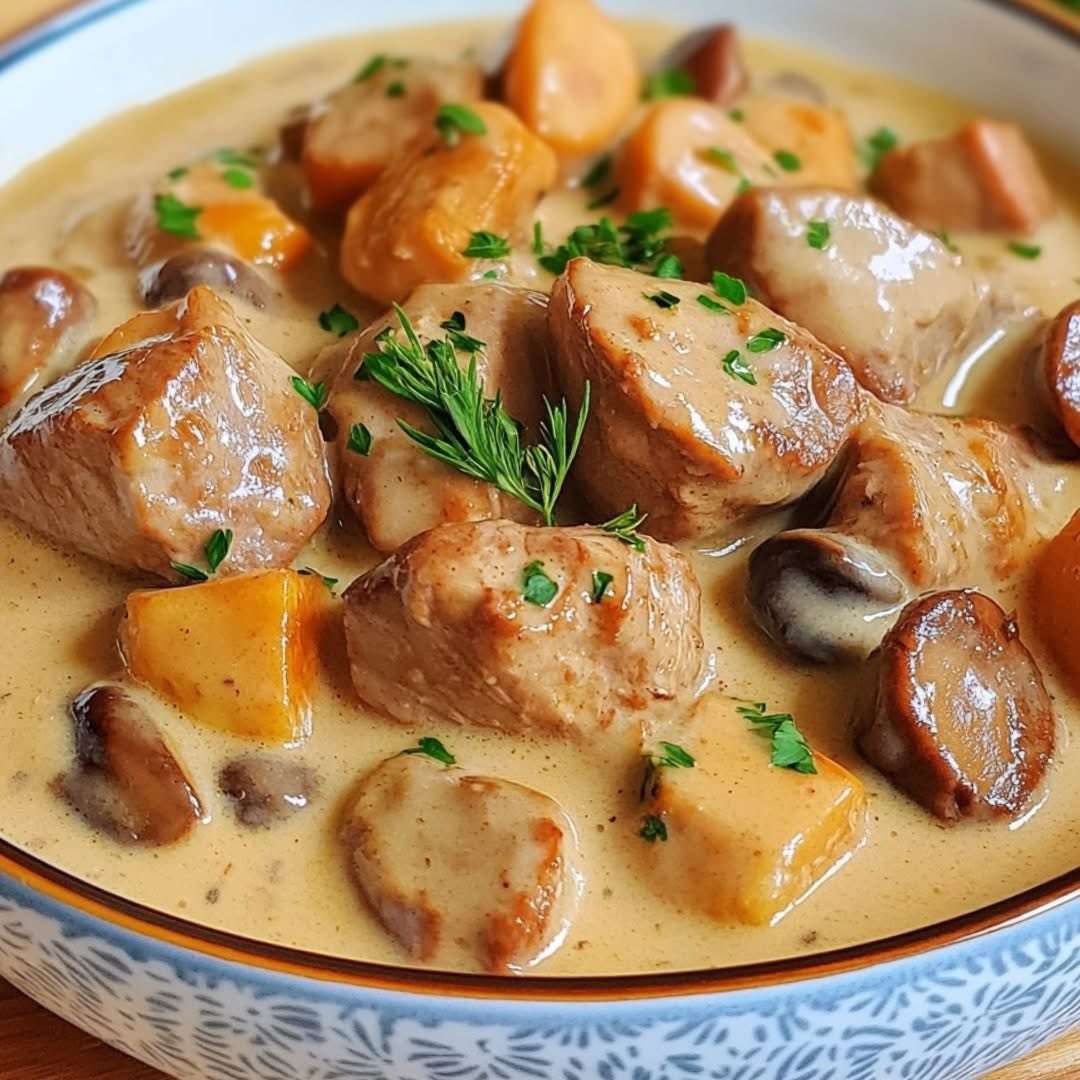 Blanquette de veau traditionnelle servie dans une cocotte, avec sauce crémeuse, carottes et champignons, décorée de persil et d’aneth.