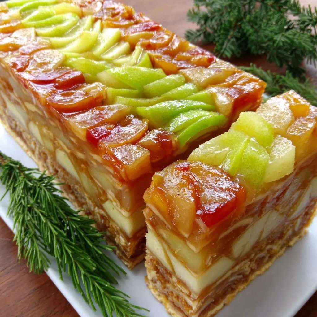 Tranches de terrine brillante aux pommes et poires caramélisées, décorées de lamelles de pomme verte, servies sur une assiette raffinée.