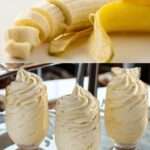 Mousse à la banane en verrines, surmontée de chantilly et de copeaux de chocolat.