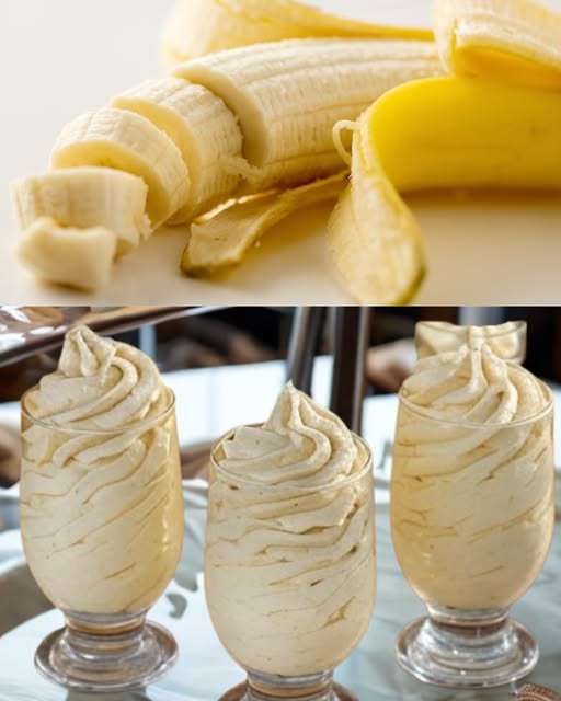 Mousse à la banane en verrines, surmontée de chantilly et de copeaux de chocolat.