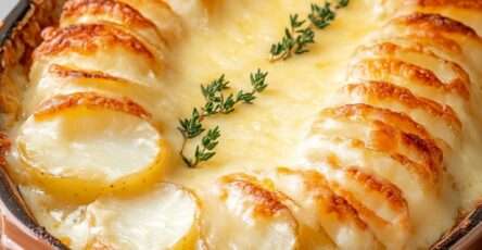 Gratin doré de pommes de terre germées et fromage, servi dans un plat familial, surmonté de brins de thym frais.