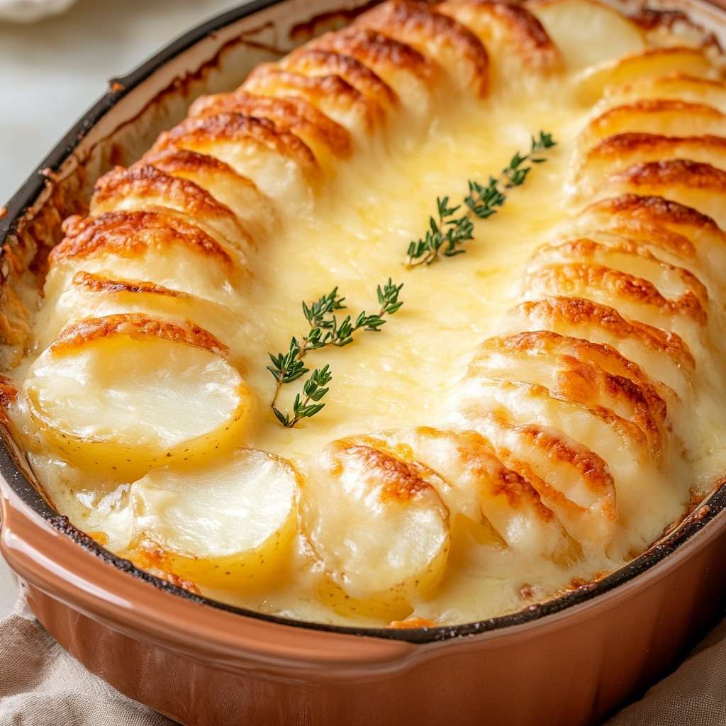 Gratin doré de pommes de terre germées et fromage, servi dans un plat familial, surmonté de brins de thym frais.