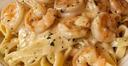 Pâtes aux crevettes nappées de sauce Alfredo légère, persil et citron.