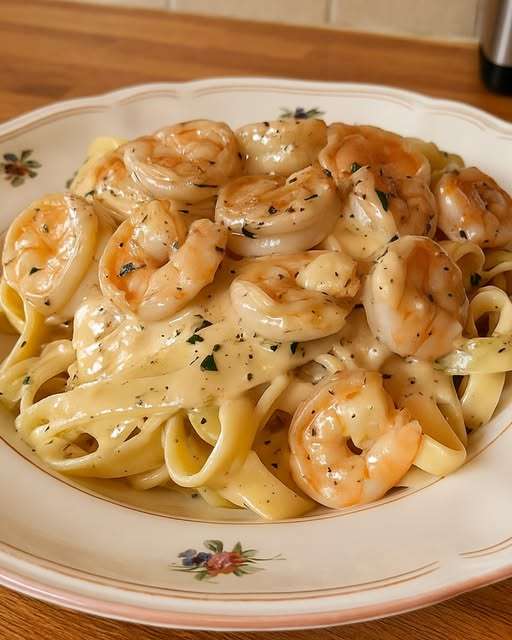 Pâtes aux crevettes nappées de sauce Alfredo légère, persil et citron.