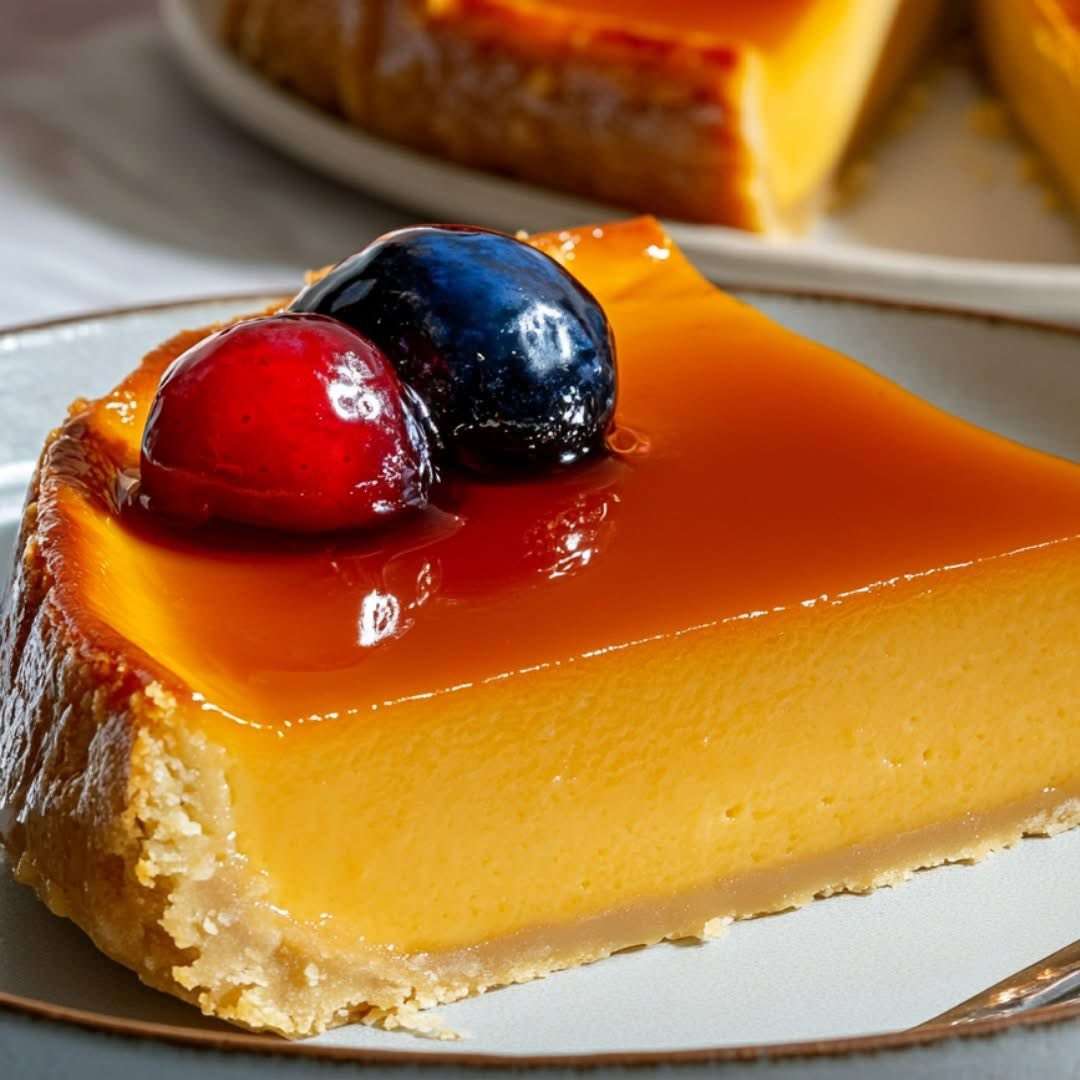 Flan pâtissier doré aux mirabelles sur pâte brisée, découpé en parts, décoré de fruits rouges, présenté sur une assiette blanche.