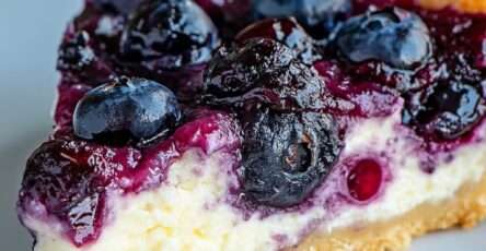 Tarte au fromage blanc garnie de myrtilles brillantes et nappée de confiture, servie sur une table en bois avec quelques fruits frais.
