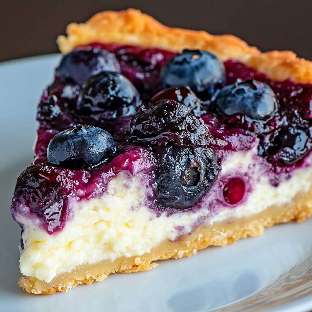 Tarte au fromage blanc garnie de myrtilles brillantes et nappée de confiture, servie sur une table en bois avec quelques fruits frais.