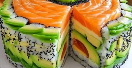 Gâteau sushi en couches avec saumon cru, avocat, riz vinaigré et graines de sésame, servi en parts façon entremets sur un plat élégant.