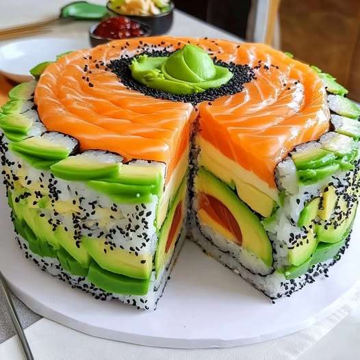 Gâteau sushi en couches avec saumon cru, avocat, riz vinaigré et graines de sésame, servi en parts façon entremets sur un plat élégant.