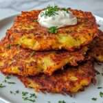 Galettes de rösti dorées et croustillantes, servies avec une cuillerée de crème fraîche et de l’aneth frais sur une assiette blanche.