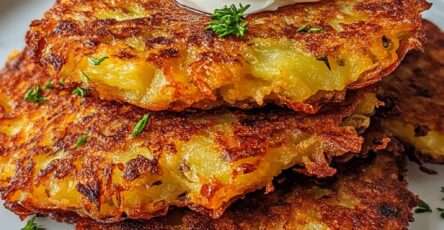 Galettes de rösti dorées et croustillantes, servies avec une cuillerée de crème fraîche et de l’aneth frais sur une assiette blanche.