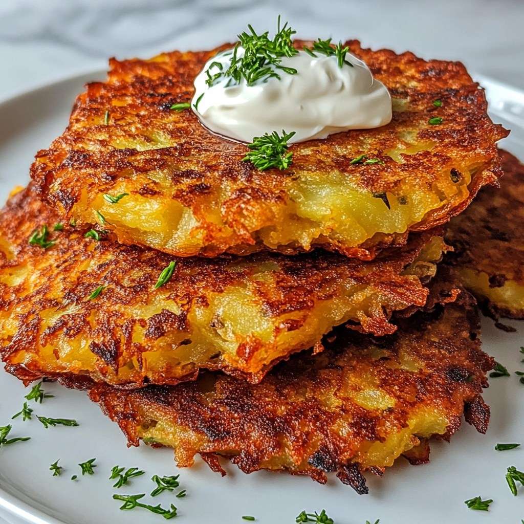 Galettes de rösti dorées et croustillantes, servies avec une cuillerée de crème fraîche et de l’aneth frais sur une assiette blanche.