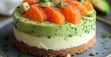 Part de cheesecake salé au saumon fumé, avocat et ciboulette, servie sur une assiette blanche avec zeste de citron.