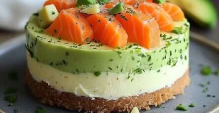 Part de cheesecake salé au saumon fumé, avocat et ciboulette, servie sur une assiette blanche avec zeste de citron.