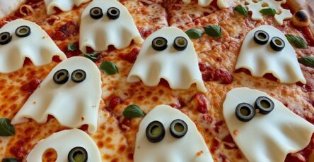 Pizza Fantôme d’Halloween décorée au fromage