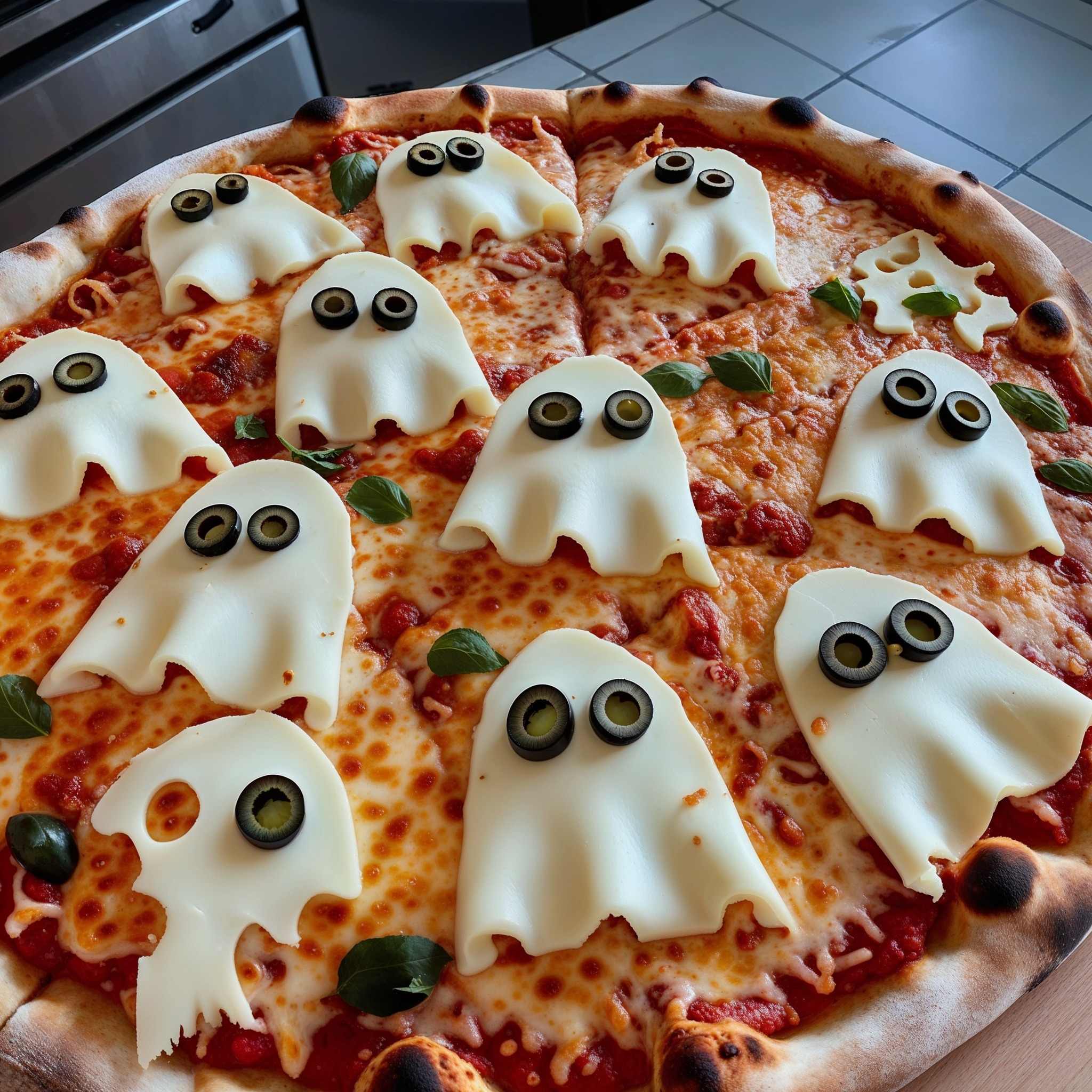 Pizza Fantôme d’Halloween décorée au fromage
