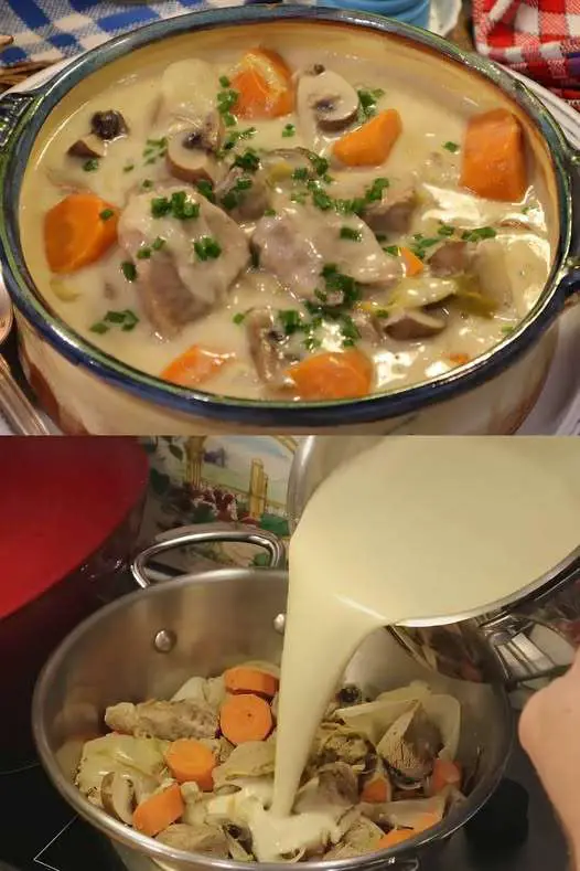 Assiette de blanquette de veau traditionnelle avec sauce crémeuse et champignons.