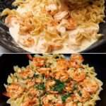 Assiette de pâtes aux crevettes dorées avec persil et parmesan.
