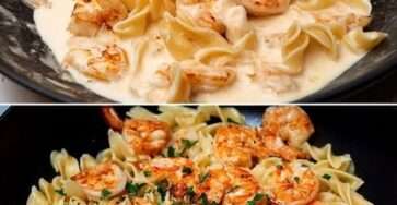 Assiette de pâtes aux crevettes dorées avec persil et parmesan.