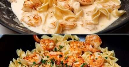 Assiette de pâtes aux crevettes dorées avec persil et parmesan.