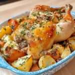 Poulet rôti doré au beurre de cèpes et ail, entouré de pommes de terre et carottes rôties.